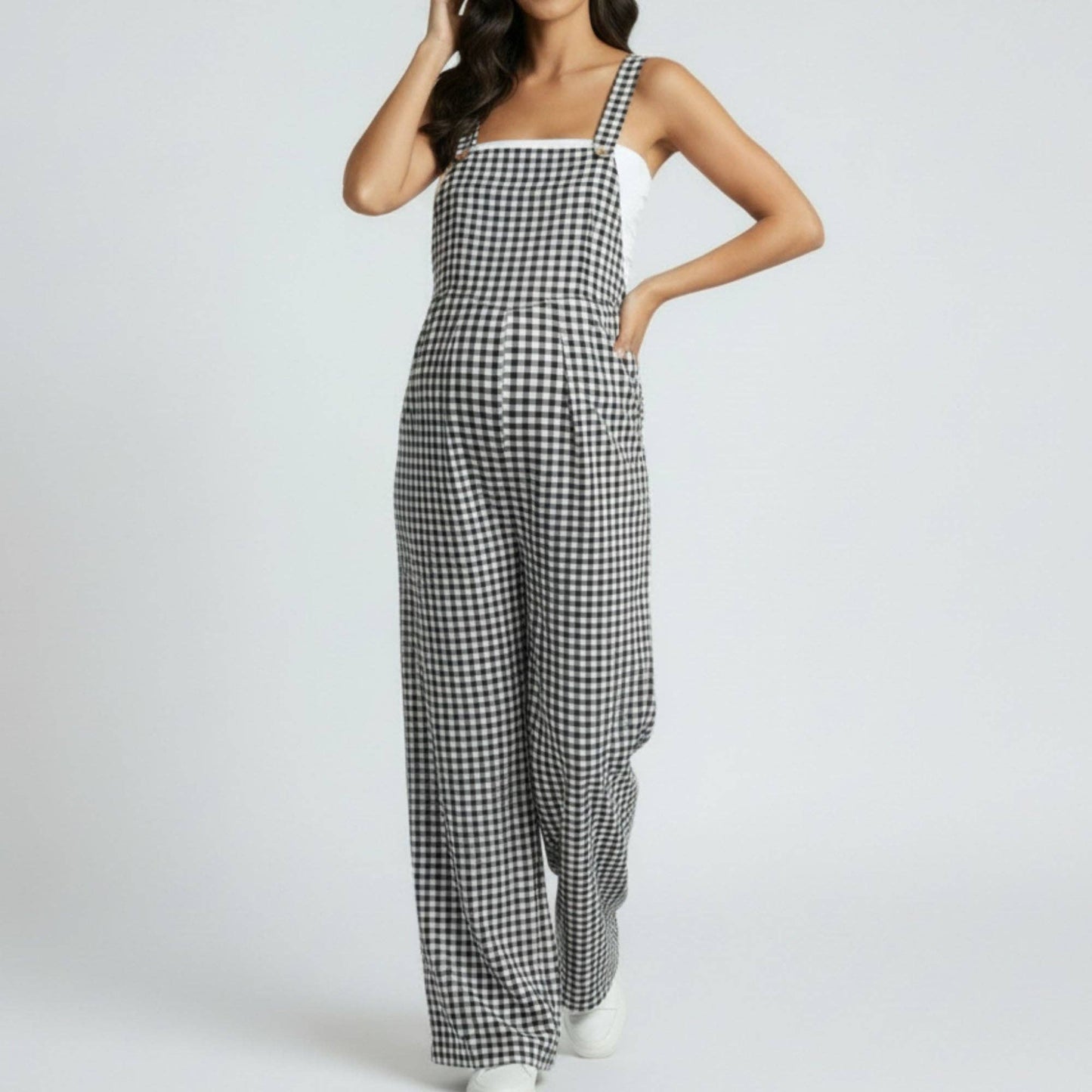 Maternity Gingham Wide Leg Jumpsuit with Adjustable Straps Square Neck Loose Fit Overalls