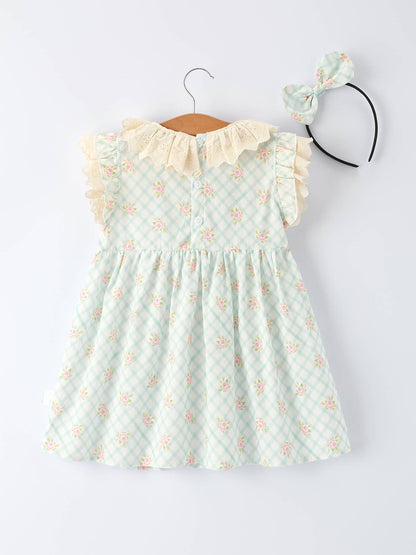 Plaid Floral Baby Girls' Romper and Short Sleeve Dress Matching Headband