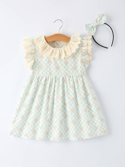 Plaid Floral Baby Girls' Romper and Short Sleeve Dress Matching Headband