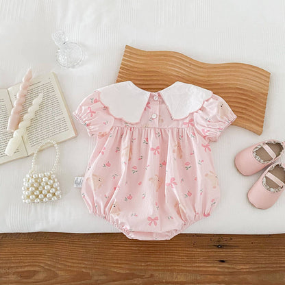 Baby Girl Pink Bunny Bow Scalloped Collar Romper