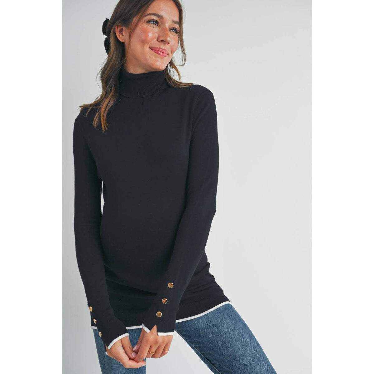 Button Cuff Maternity Turtle Neck Top