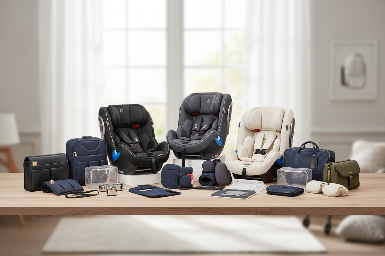 Collection of baby car seats and accessories on a wooden table with a neutral background.
