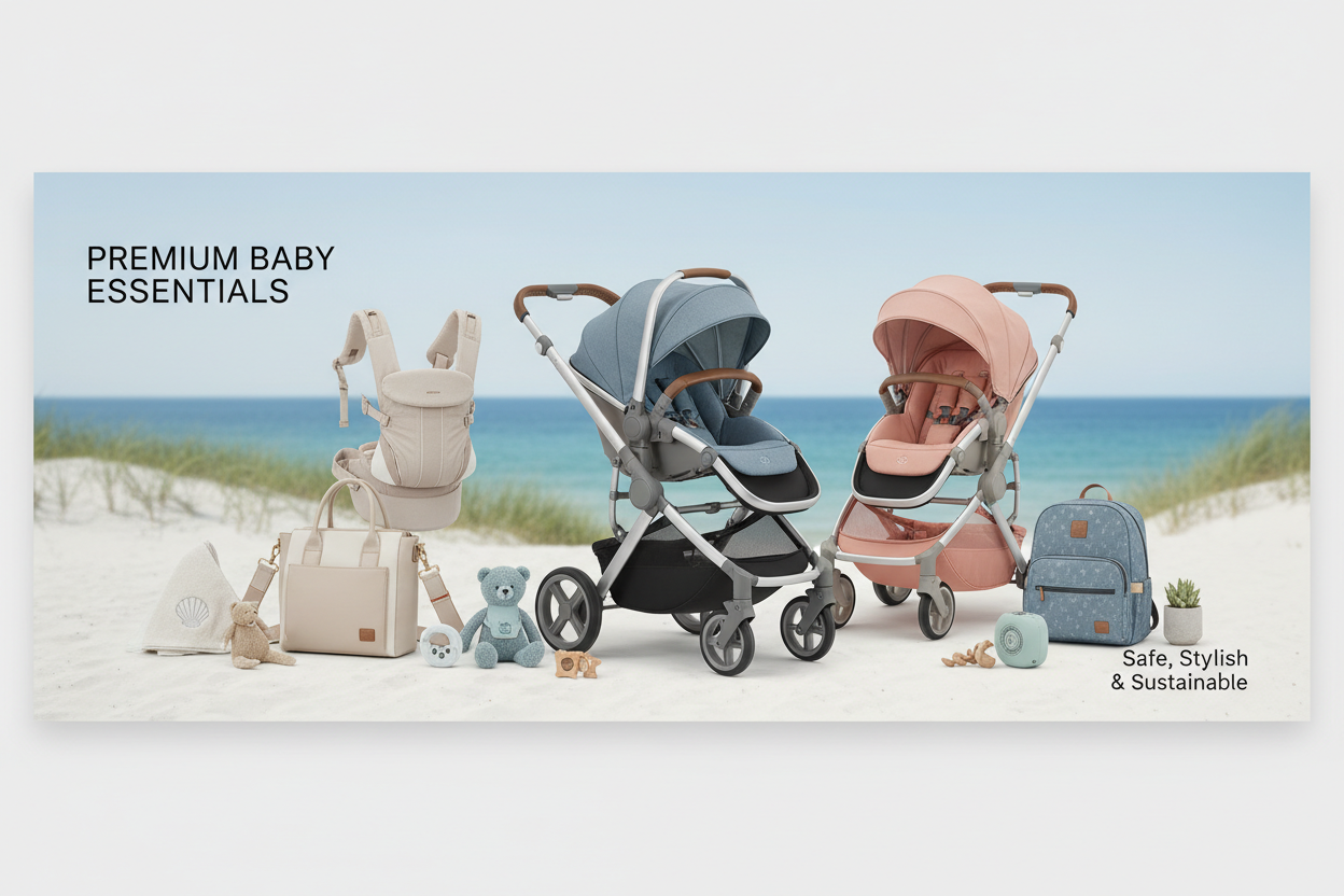 Baby strollers and accessories on a beach with 'Premium Baby Essentials' text.