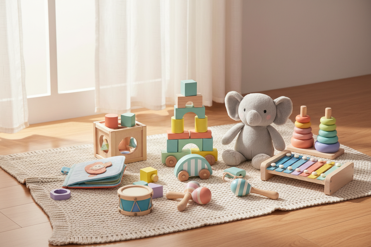 Assorted children's toys including blocks, cars, and a xylophone on a rug in a bright room.