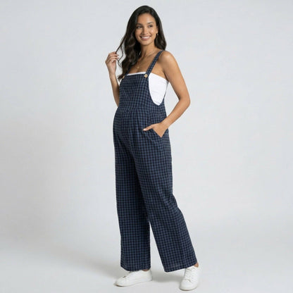 Maternity Gingham Wide Leg Jumpsuit with Adjustable Straps Square Neck Loose Fit Overalls