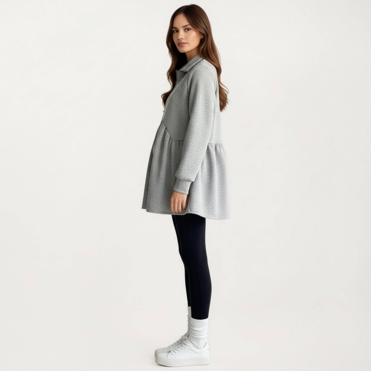 Maternity Quarter Zip Long Sleeve Top with Fleece Feel Elast