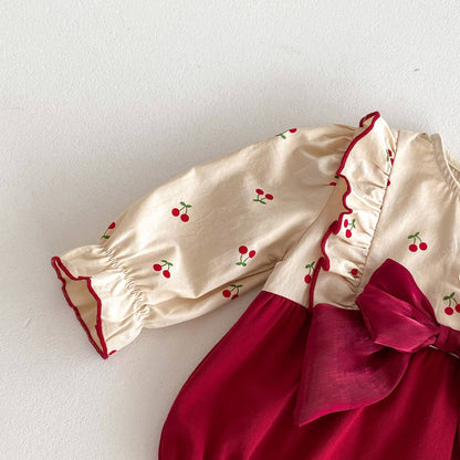 Cherry Ruffle Baby Romper with Burgundy Bow Set