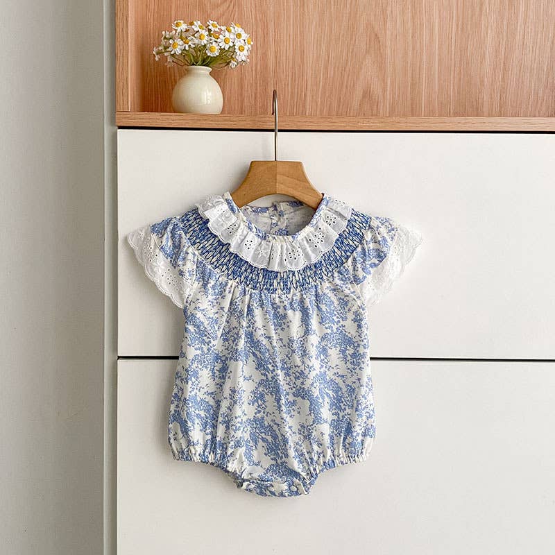 Blue Floral Smocked Matching Set Baby Romper/Dress