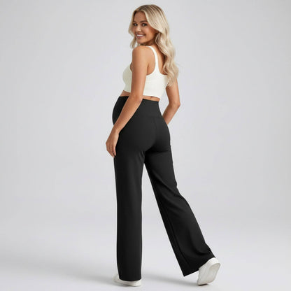 High Waist Maternity Wide Leg Pants with Over Belly Panel Front Seam Stretch Lounge Pants