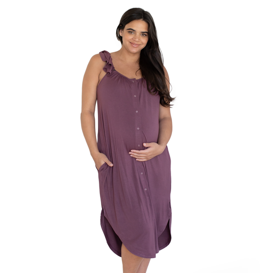 Ruffle Strap Labor & Delivery Gown - Burgundy Plum