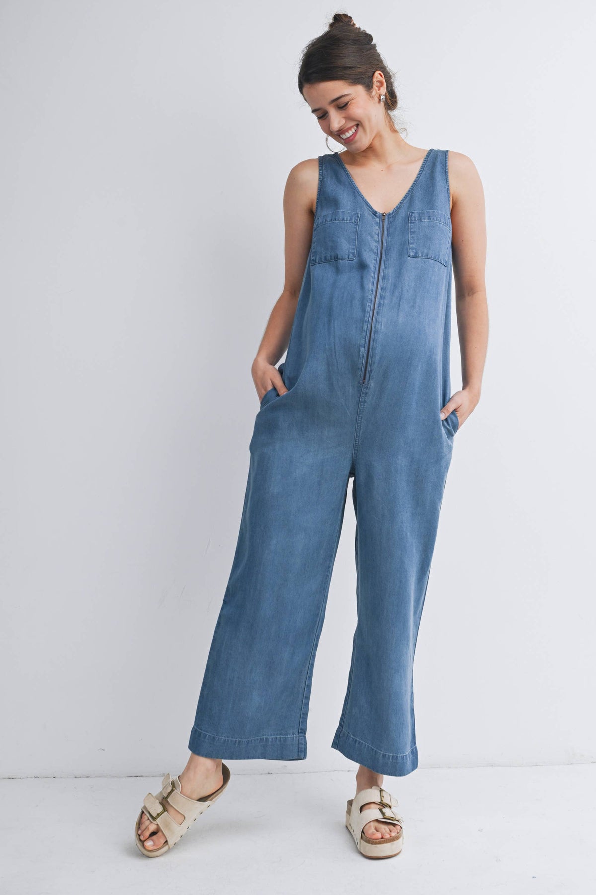 Sleeveless Maternity Denim Jumpsuit with Side Pockets