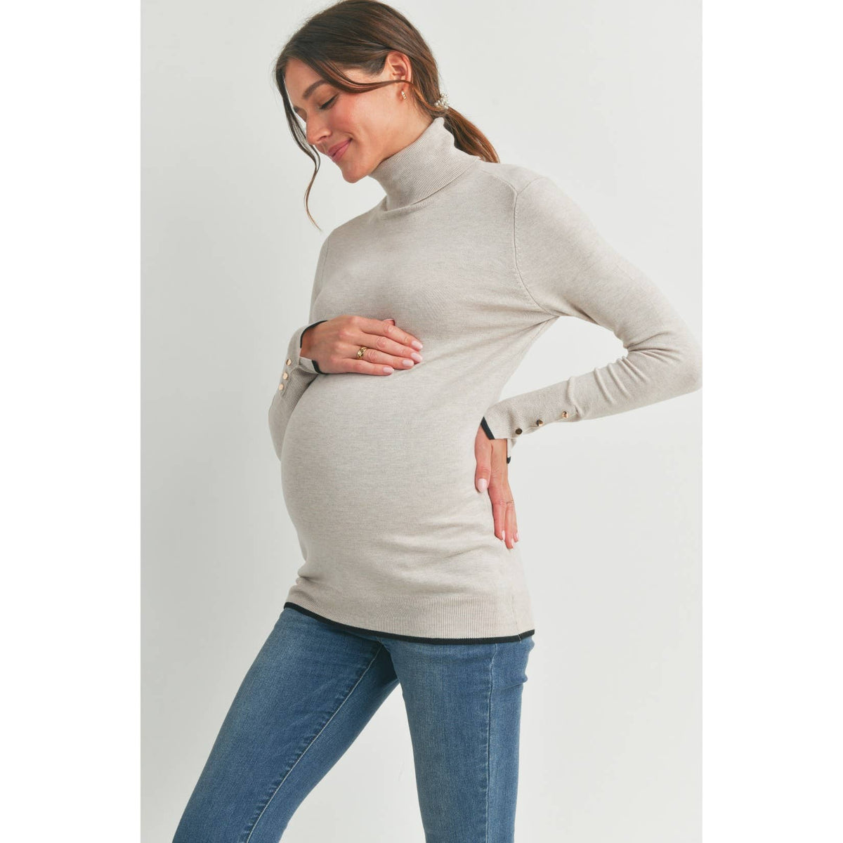 Button Cuff Maternity Turtle Neck Top