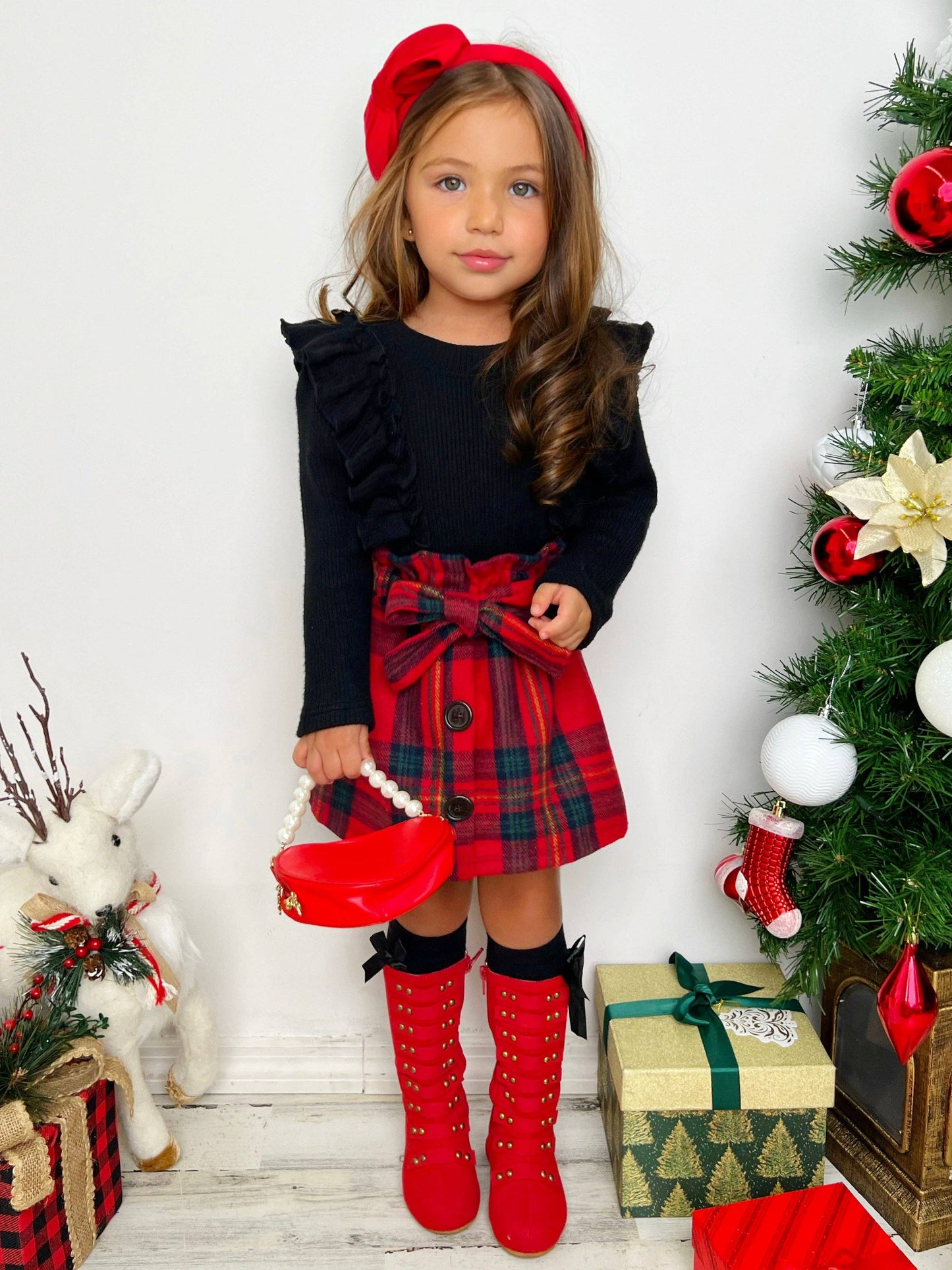 Fall Ruffled Top & Plaid Skirt Set