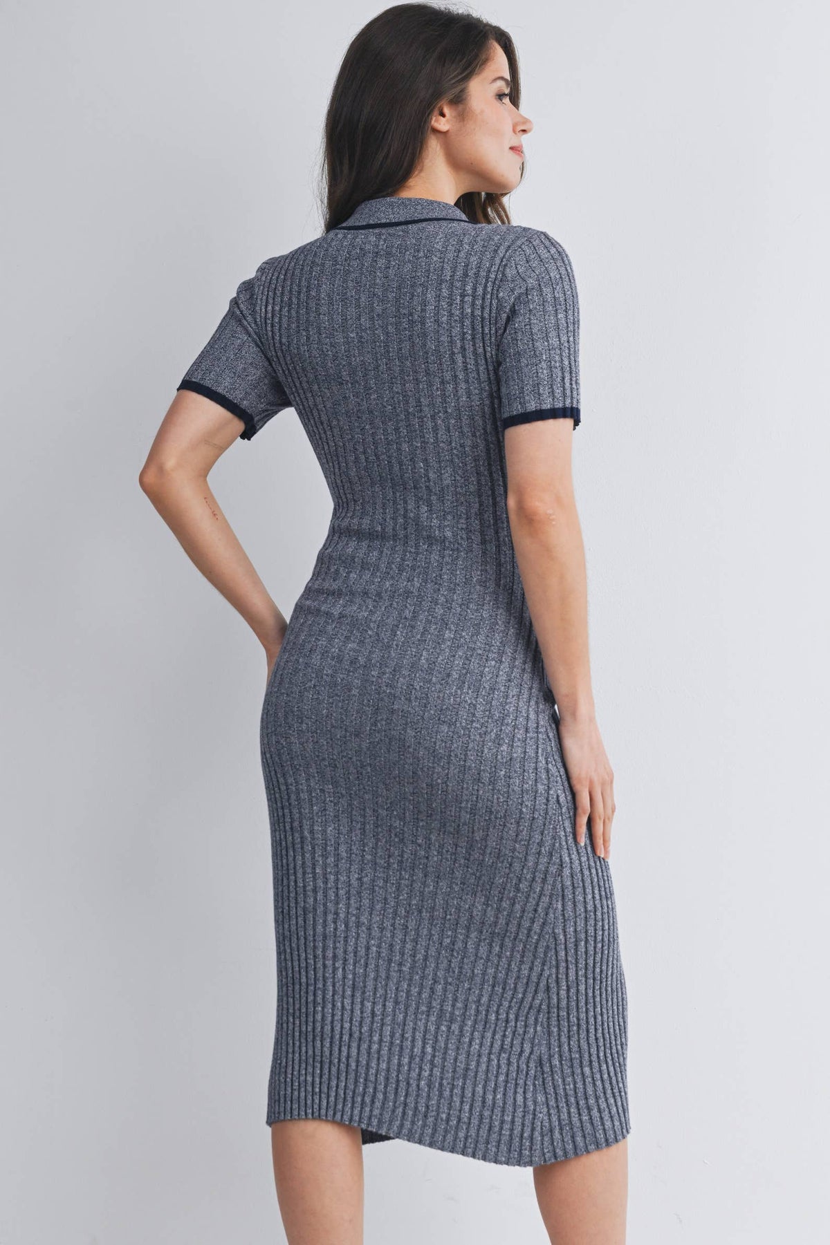 Collared Ribbed Knit Maternity Midi Dress with Button Front