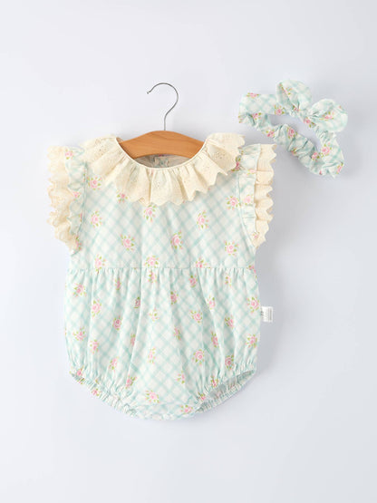 Plaid Floral Baby Girls' Romper and Short Sleeve Dress Matching Headband