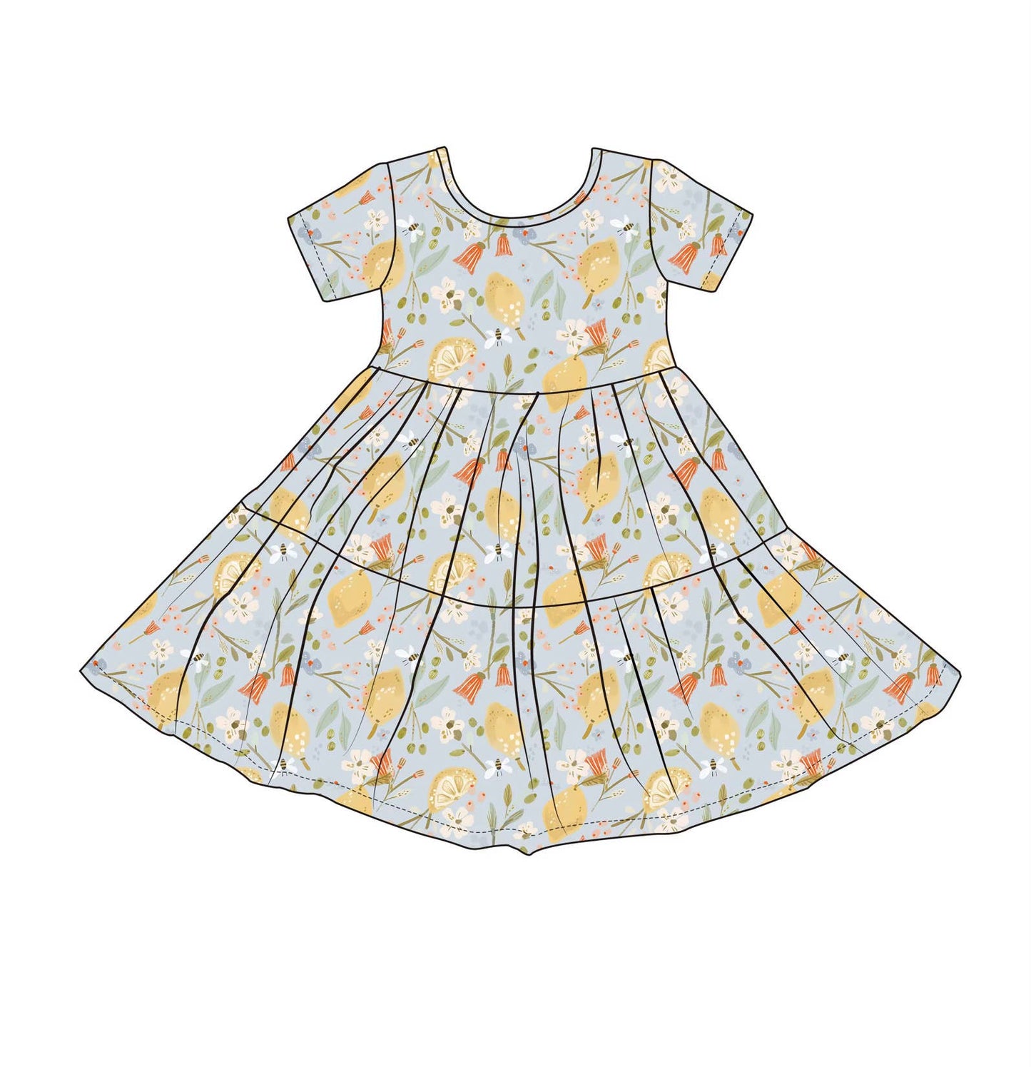 Lemon Floral Short Sleeve Twirl Dress