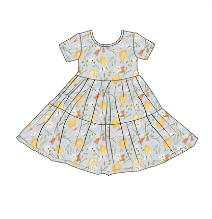 Lemon Floral Short Sleeve Twirl Dress