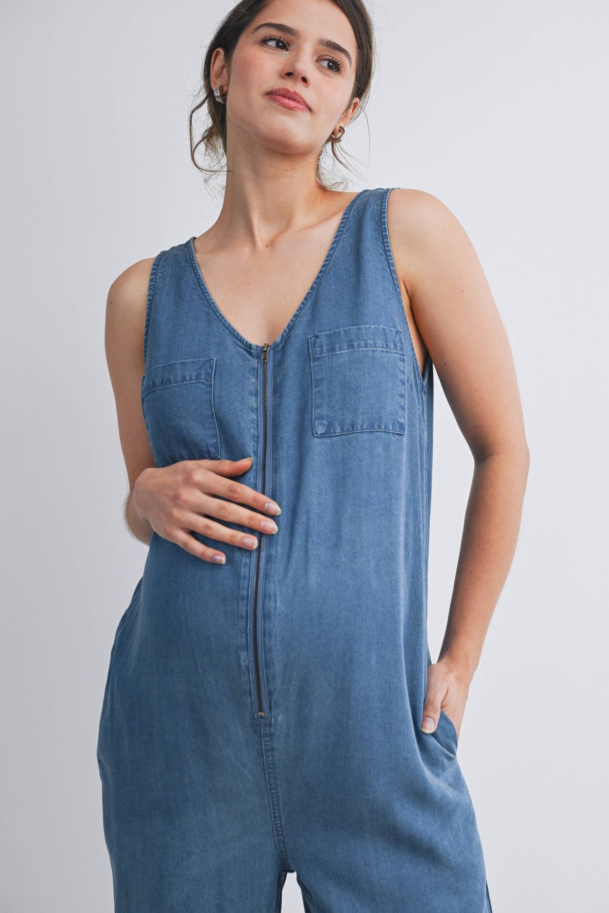 Sleeveless Maternity Denim Jumpsuit with Side Pockets