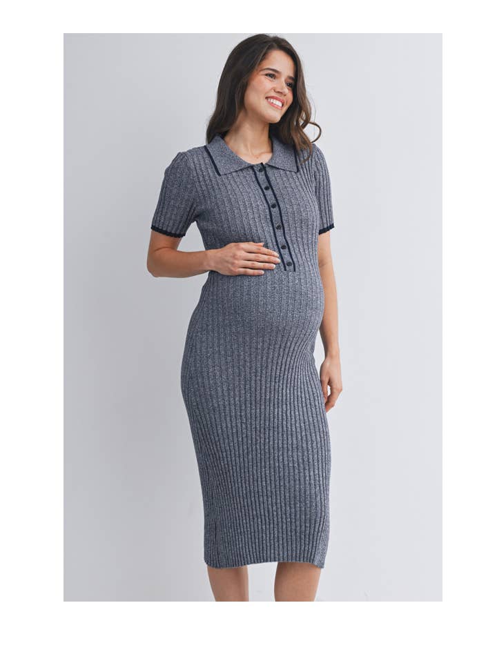 Collared Ribbed Knit Maternity Midi Dress with Button Front