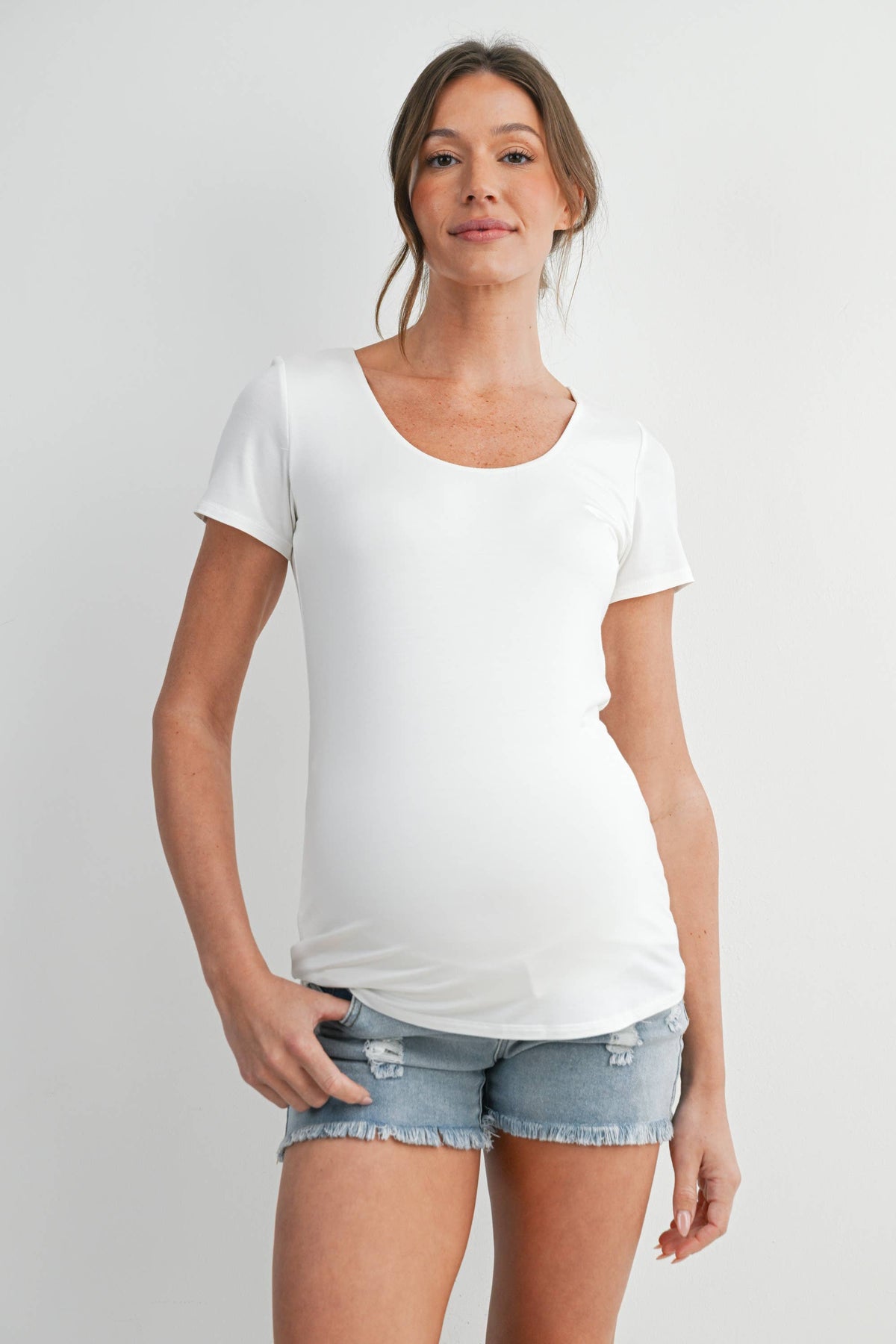 Short Sleeve Scoop Neck Maternity Knit T-Shirt