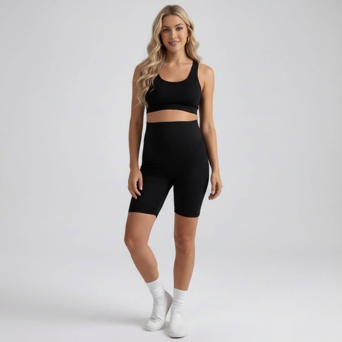 High Waist Maternity Bike Shorts with Over Belly Panel Stretch Fitted Activewear Shorts