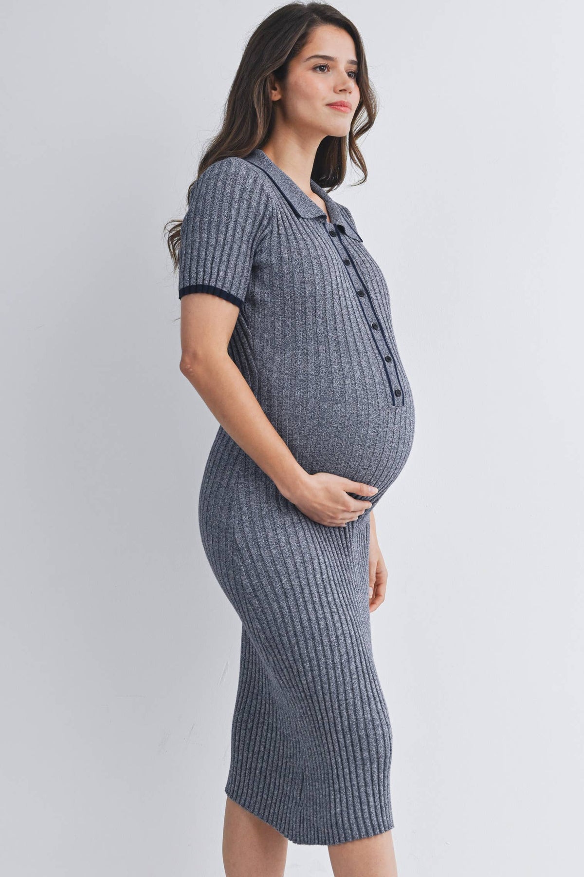 Collared Ribbed Knit Maternity Midi Dress with Button Front