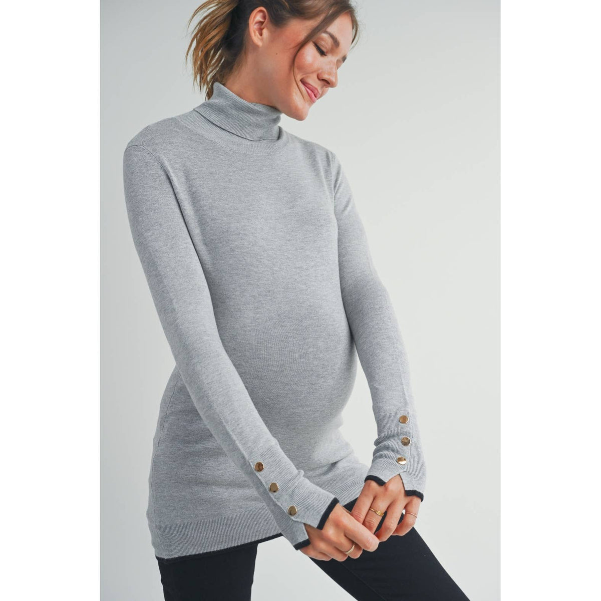 Button Cuff Maternity Turtle Neck Top