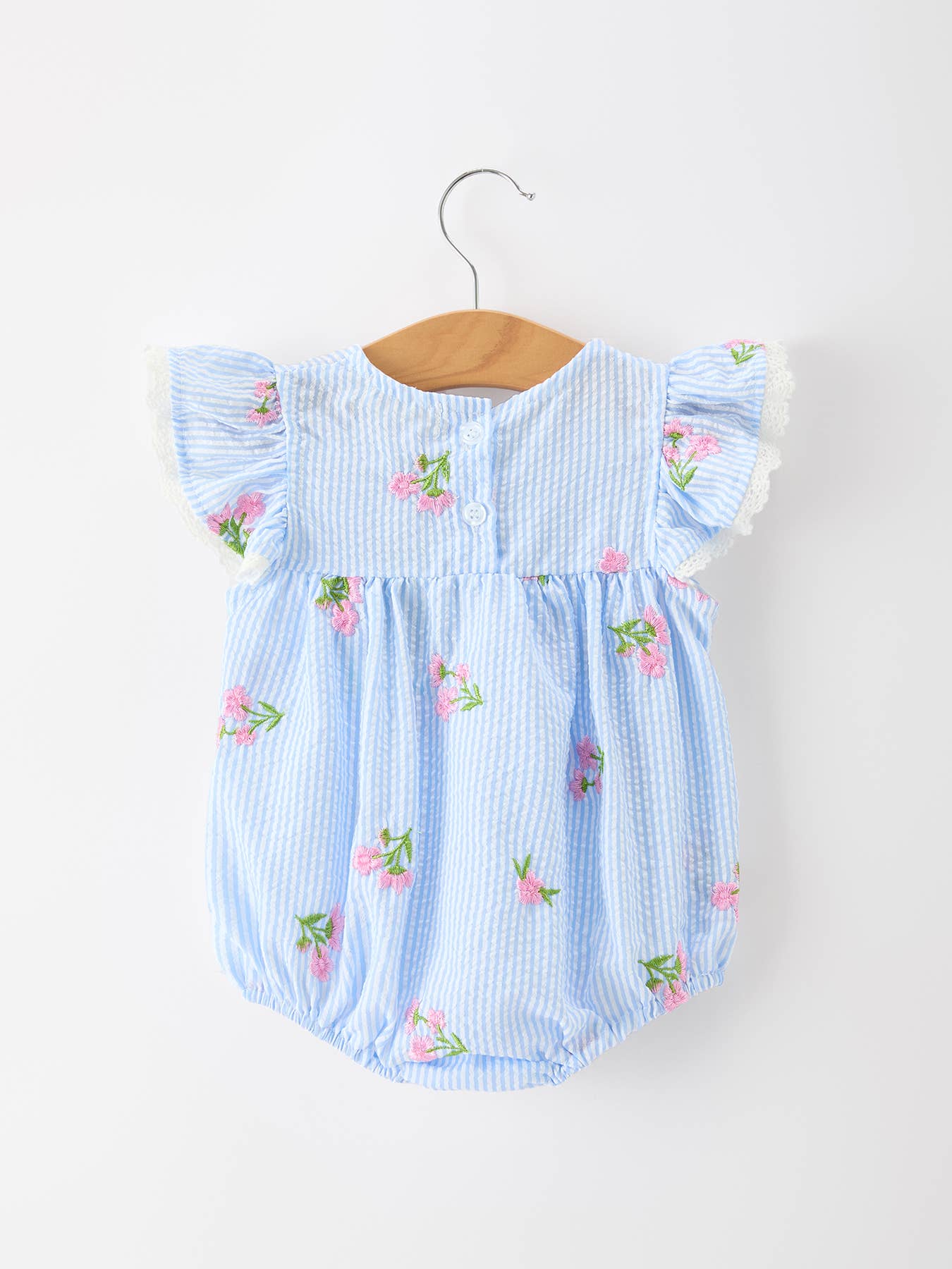 Stripe Floral Embroidery Girls Romper Ruffle Sleeve-Pink/ Blue